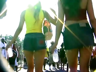 Street Candid With Young Bimbos In Short Jeans Skirt